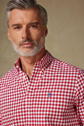 Abbate Lusso Twill Pamuklu Comfort Fit Kırmızı Düğmeli Yaka Erkek Kareli Gömlek