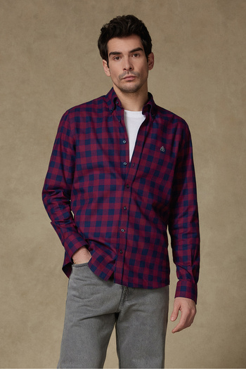 Abbate Luis Twill Cotton Sport Comfort Fit Burgundy Plaid Button Collar Men's Shirt