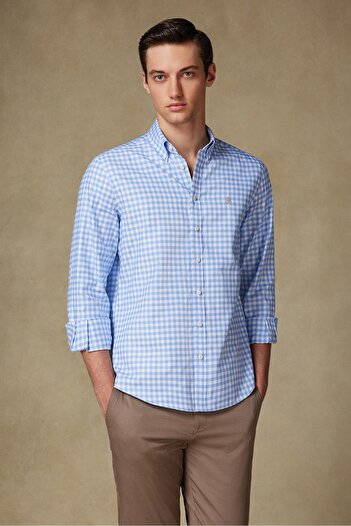 Abbate Ανδρικό πουκάμισο με καρό σχέδιο Lusso Twill Cotton Comfort Fit με ανοιχτό μπλε γιακά με κουμπιά