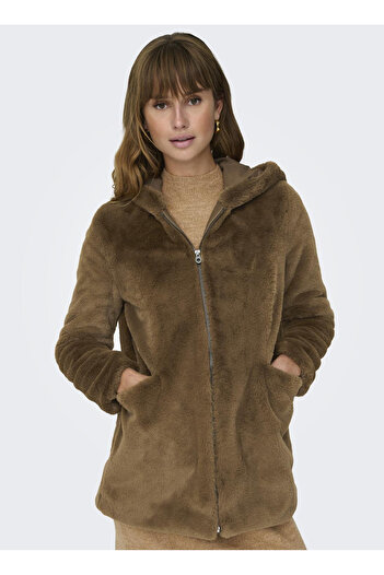 ONLY Coffee Women's Hooded Faux Fur Coat Onlnewmalou Faux Fur Coat Cc Otw