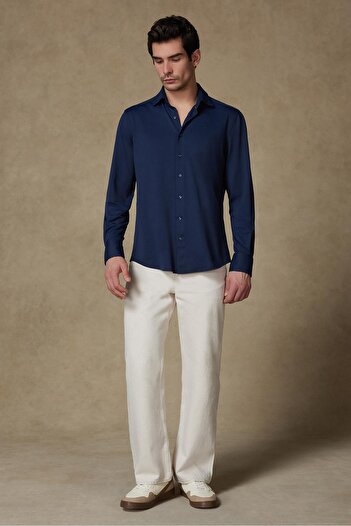 Abbate Rico Performance Polyamide Blended Comfort Fit Navy Blue Classic Collar Men's Plain Shirt