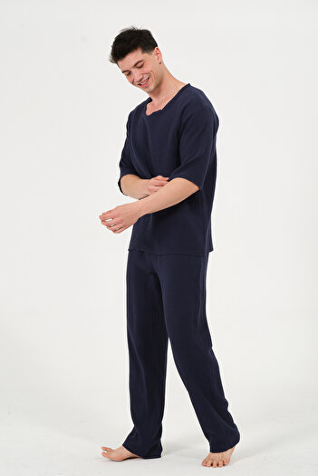 RELAXL 100% Cotton Double Set Casual Navy Blue Muslin Pajama Set