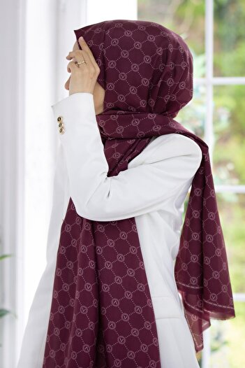 Vissona 100% silk v logo patterned maroon colored 90x210 shawl