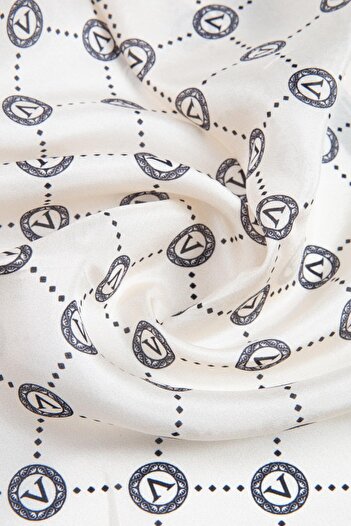 Vissona 100% silk v logo patterned cream - black colored 90x210 shawl