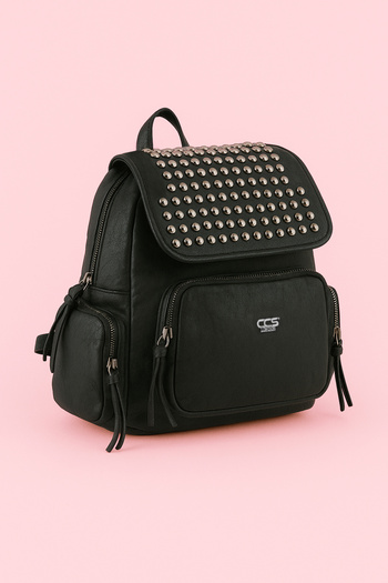 ÇÇS 17236 Women's Washed Leather Metal Studded Black Women's Backpack