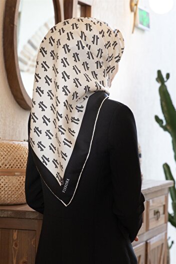 Vissona 57% Silk 43% Viscos Twill Silk Geometric Patterned Cream - Black Color 90X90 Scarf Sewing Shape : Hand