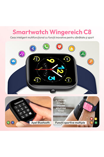 Wingereich Ceas smartwatch Wingereich® C8, Bluetooth, fitness, monitorizare ritm cardiac, SpO2, Albastru