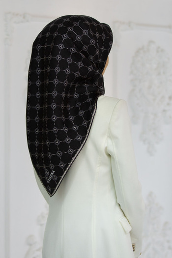 Vissona 100% Twill Silk Monogram Μαύρο-Κρεμ 90x90 Φουλάρι Ράψιμο Χειροποίητο