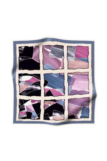 Vissona Baby Blue Geometric Print Twill Silk - 90X90 Scarf, Hand Stitching Pink