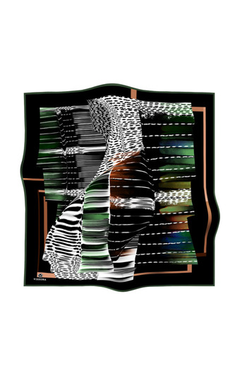 Vissona 100% Twill Silk Geometric Patterned Black - Khaki Colored 90X90 Scarf Sewing Shape: Hand Sewing
