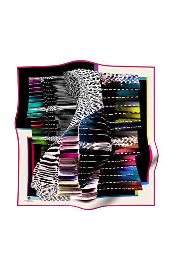 Vissona 100% Twill Silk Geometric Patterned Black - Fuchsia Colored 90X90 Scarf Sewing Shape: Hand Sewing