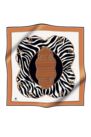 Vissona 100% Twill Silk Chain and Zebra Pattern Copper - Black Color 90X90 Scarf Planting Shape : Hand Sewn