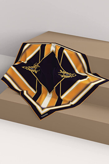 Vissona %100 Twill İpek Baroklu Ve Geometrik Desenli Hardal - Siyah Renkli 90x90 Eşarp Dikim Şekli : El Dik
