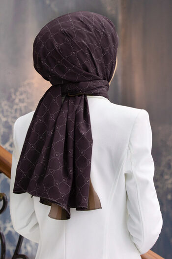 Vissona Luxurious Medina 75X195 Brown Shawl - Monogram Pattern, Milk Coffee Color, Non-Stick Moss Crepe Stitch