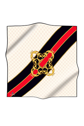 Vissona Κόκκινη κρέμα μονόγραμμα Silk Twill - 90x90 μπαρόκ μοτίβο κασκόλ Σχήμα ραπτικής: Ράψιμο στο χέρι