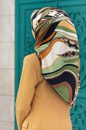 Vissona Khaki Colorful Leaf Pattern 100% Twill Ethnic Hand Stitched Scarf - 90X90 Planting Shape