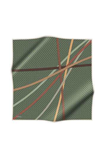 Vissona 100% Twill Silk Monogram and Stripe Patterned Khaki - Tan Color 90X90 Scarf Planting Shape: Hand Stitched