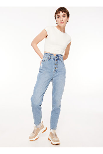 Aeropostale Yüksek Bel Normal Paça Mom Fit Açık İndigo Kadın Denim Pantolon A3WL-PNT2