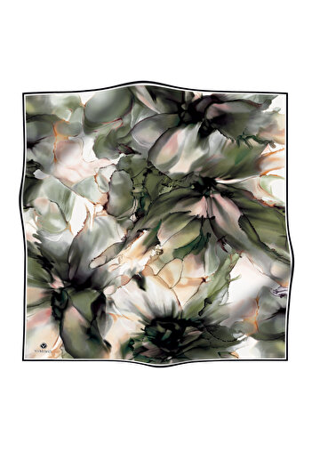 Vissona Tie Dye Flower Pattern 100% Twill Silk Khaki Green Mink Color Scarf Edge Stitching Shape