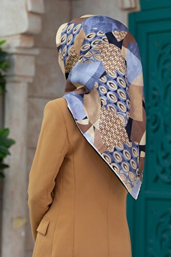Vissona 100% Twill Silk Geometric Pattern Gray - Milky Brown Colored 90X90 Scarf Scarf Edge Stitching Shape Hand Di