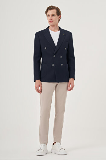 Morven Men's Navy Blue Polyviscon Double Breasted Patterned Slim Fit Pointed Collar Jacket