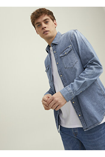 Jack & Jones JJESHERIDAN SHIRT L/S NOOS Mavi Erkek Normal Kareli Denim Gömlek