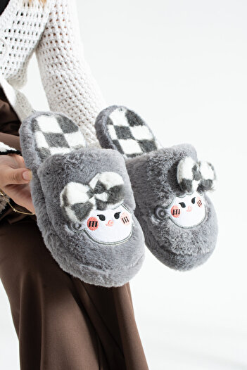 Moda Devrin Gray Bow Tie Plush Toy Winter Women's Slippers