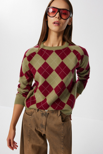 Lovelyİstanbul Diamond Patterned Soft Textured Knitwear Sweater Green Claret Red Lpf0096