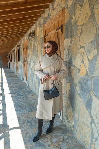 LOCCO Women's Pocket Collar Trench Coat Stone