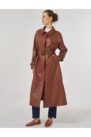 Kayra Faux Leather Trench Coat with Stitching Detail Tan