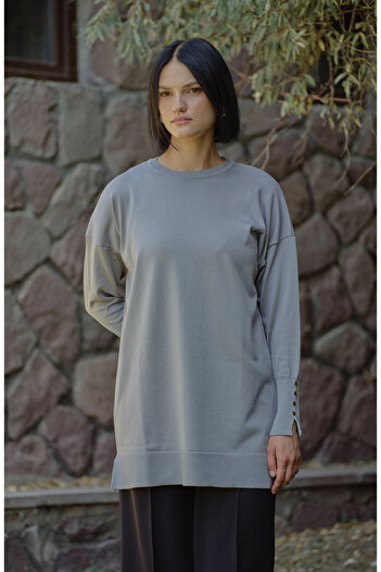 Fatma Atasoy Gray Basic Mercerized Knitwear Sweater with Gold Buttons