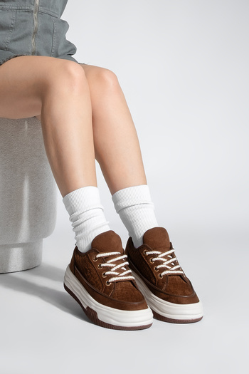 Marjin Women's High Sole Sneaker Linen Fabric Lace-Up Sports Shoes Hesna Brown Suede