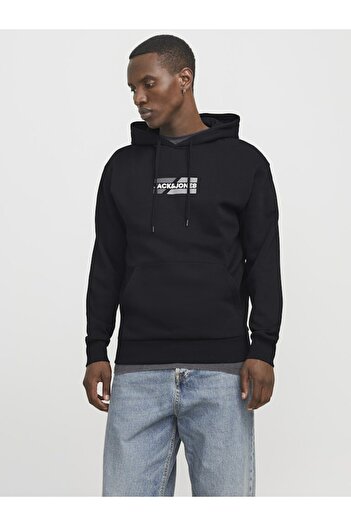 Jack & Jones Men's Black Jjcorp Graphic Sweat Hood Ln Sweatshirt 12268422-Black