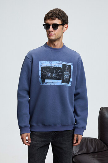 GRIMELANGE Lucian Men's Round Neck Regular Fit Indigo Sweatshirt with Printed Chest and Back