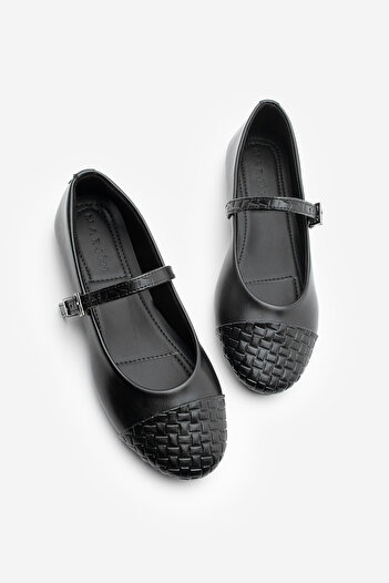 Marjin Women's Patterned Strappy Casual Ballerina Flats Renada Black