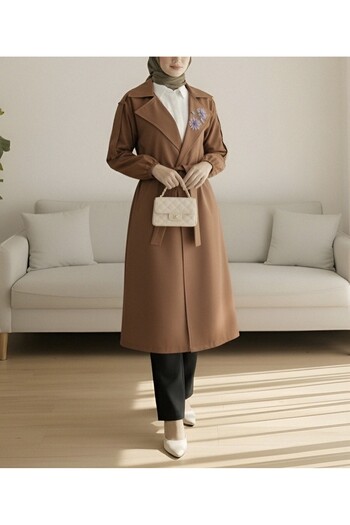 Modamorfo Balloon Sleeve Trench Coat with Brooch and Stone Detail - Tan