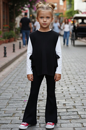 Parla Kids Girl's Simena Black Tie Detailed Top, Spanish Bottom, Top Tracksuit