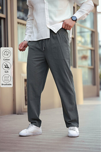 COMBİNE MİCHAİL Men's Linen Loose Cut Trousers - Khaki