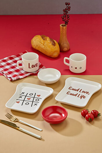 EMBazaar Love Themed 2-Person 6-Piece Ceramic Toast and Breakfast Set - Plate - Mug Set - Stylish Toast Set - Toast