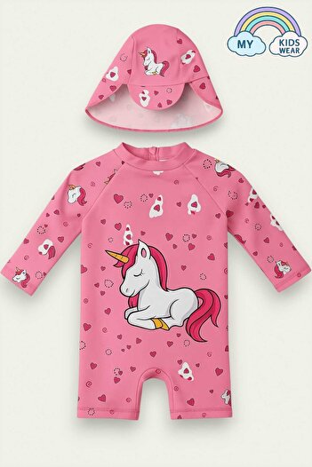 My Kids Wear Girls' Long Sleeve Swimsuit with Hat and Zipper