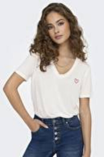 ONLY V-Neck Block Pattern Off-White Women's T-Shirt Onlnew Belle S/S Love V-Neck Top Bo