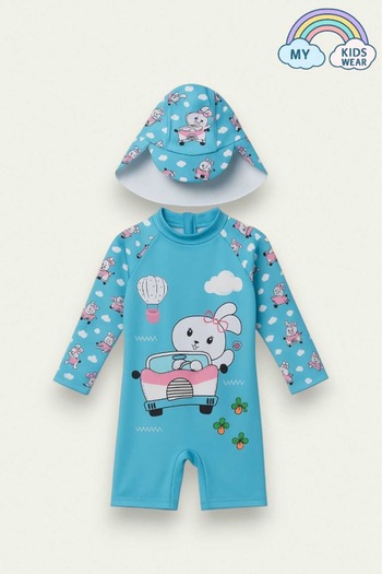 My Kids Wear Zippered Long Sleeve Girl's Swimsuit with Hat