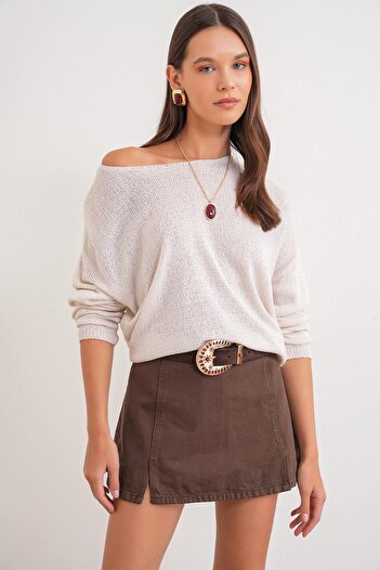 Mixray 6933 Women's Boat Neck Thin Seasonal Knitwear Sweater Sand Beige