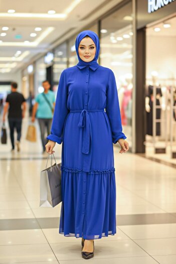 Neva Style Buttoned Sax Blue Hijab Dress 12443Sx