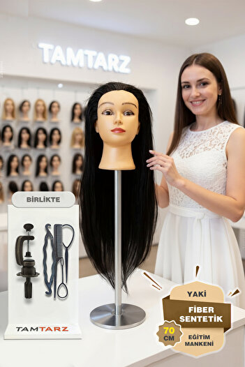 İnter 65cm Fiber Synthetic Black Hairdresser Training Mannequin Working Head