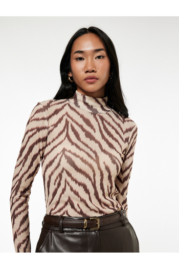 Koton Slim Fit Long Sleeve Zebra Print Turtleneck T-Shirt