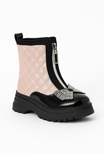 Zilvana Girl's Zippered Quilted Patterned Winter Boots with Stone Bow Detail