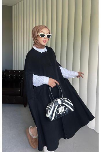 ensade Hijab Black Stamp Cloak Poncho