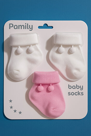 Akface 3-Piece Baby Girl Socks with Swinging Double Pompom