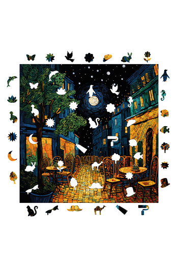 WePuzzleUp Ahşap Puzzle - Van Gogh Kafe Terasta Gece Reprodüksiyonu - 353 Parça, 29x29 cm
